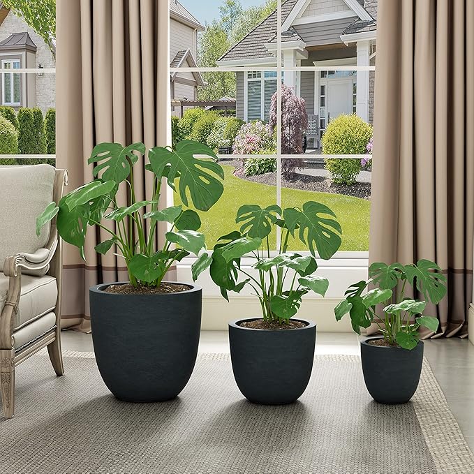 Kante 18",14",10" Dia Concrete Round Planters (Set of 3), Outdoor Indoor Large Planter Pots with Drainage Hole and Rubber Plug for Home Patio Garden, Dark Gray Kante