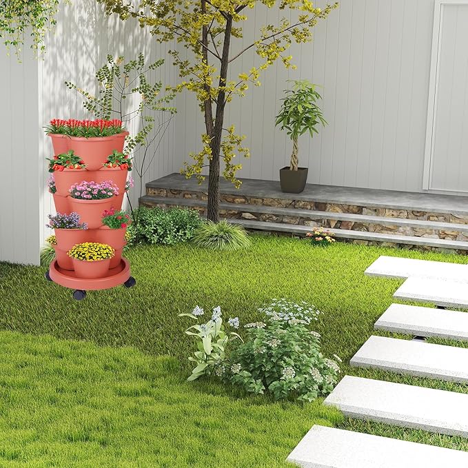 5-Tier Vertical Garden Tower Stackable Planter for Strawberries, Flowers, Vegetables & Herbs 2-Pack Pinky+Family