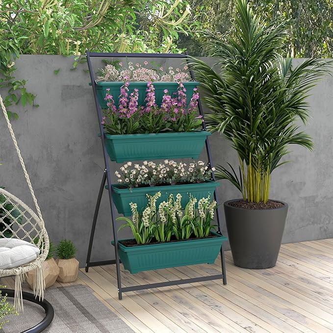 Outsunny Raised Garden Bed, 4 Tier Vertical Garden Planter Set, 4 Outdoor Planter Boxes with Stand, Self Draining Design Elevated Garden for Vegetable, Flowers & Herbs, Green Outsunny