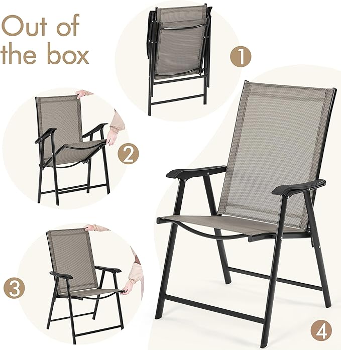 Yaheetech Outdoor Patio Chairs Set of 4, Portable Dining Chairs with Armrests for Camping, Lawn Yard Beach, Folding Outdoor Chairs 4-Pack with Metal Frame, Brown Yaheetech
