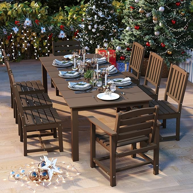 9-Piece Outdoor Dining Set for 8, 75.2'' HDPE Table with Umbrella Hole & Chairs, Weather-Resistant Patio Furniture for Lawn, Yard, Balcony, Deck (Brown) PatioKingdom