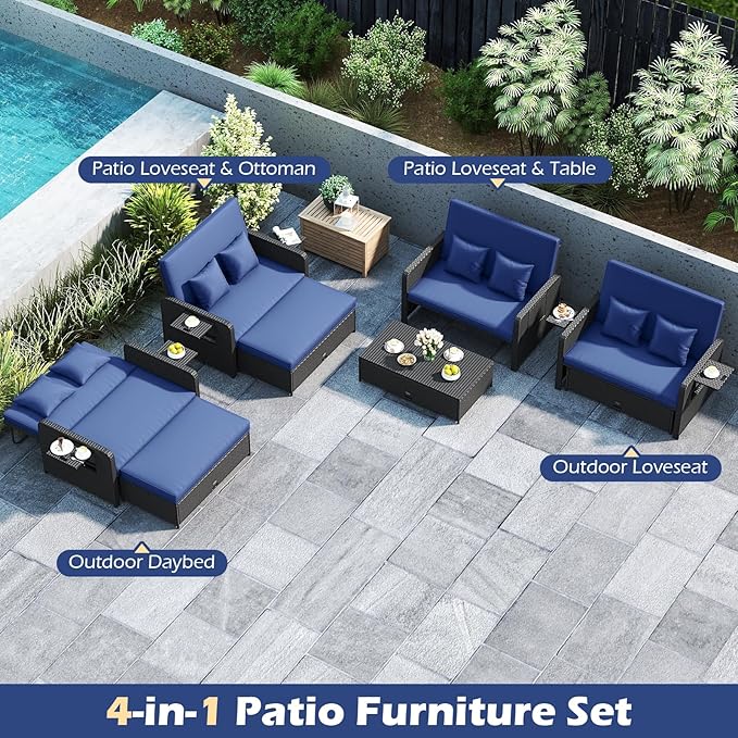 Tangkula Patio Rattan Daybed with 4-Level Adjustable Backrest, Outdoor PE Wicker Loveseat with Storage Ottoman & Folding Side Tray, Double Sunbed Lounger for Balcony, Backyard & Poolside (Navy) TANGKULA