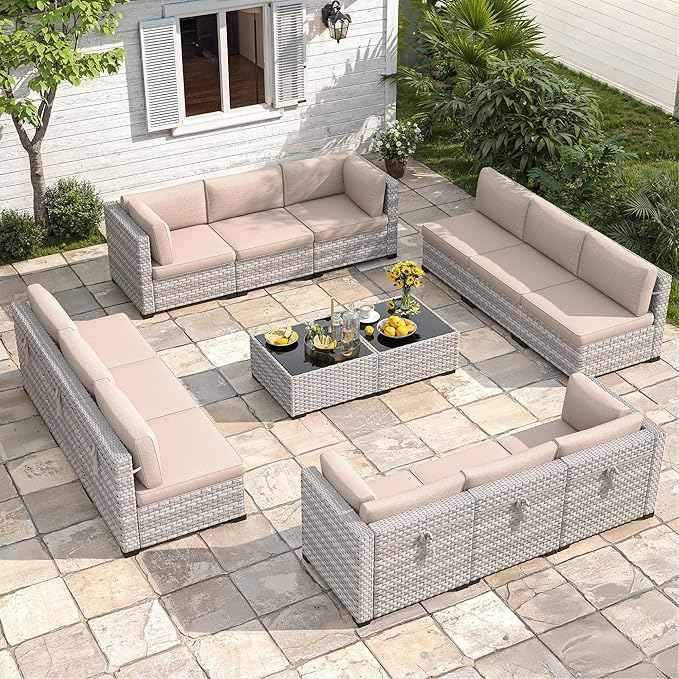 12-Seat Modular Patio Furniture Set – Outdoor Wicker Sectional Sofa with Thick 4″ Cushions, Dual-Strand PE Rattan, Rust-Resistant 18 mm Steel Frame, Backyard Garden Deck Lounge,Beige MASIONBACKYARDS