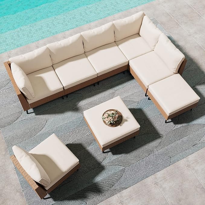 LAUSAINT HOME Outdoor Patio Furniture, 8 Piece Outdoor Sectional Sofa PE Rattan Wicker Patio Conversation Sets,All Weather Patio Furniture Set with Thick Cushions for Garden, Poolside, Backyard(Beige) LAUSAINTHOME
