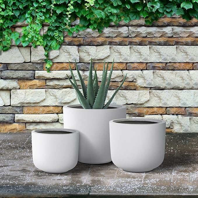Kante 13",11",9" Dia Pure White Concrete Round Planters (Set of 3), Outdoor Indoor Modern Planter Pots, Lightweight, Weather Resistant, Seamless with Drainage Hole Kante