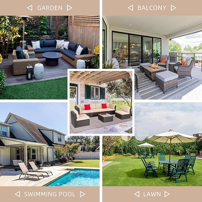 Shintenchi 7 Pieces Patio Furniture Sets Outdoor All-Weather Sectional Patio Sofa Set PE Rattan Manual Weaving Wicker Patio Conversation Set with Glass Table&Ottoman Cushion and Red Pillows, Beige Shintenchi