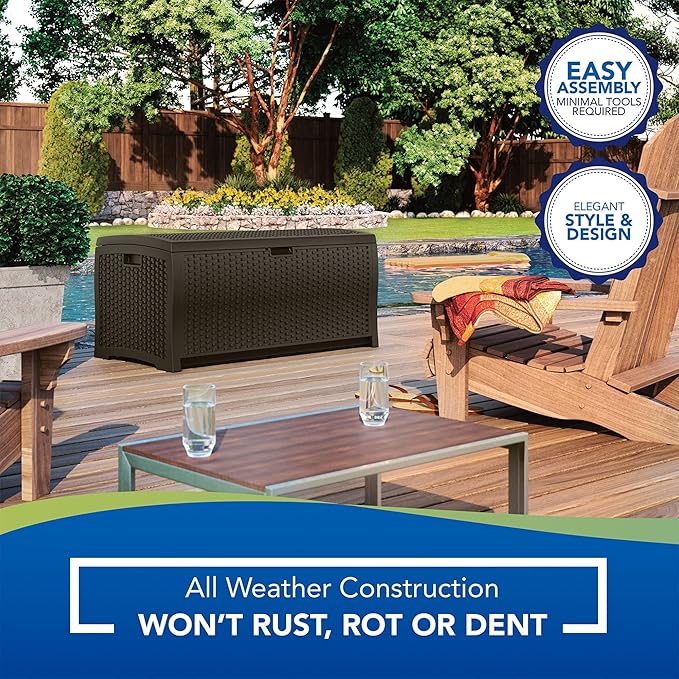 Suncast Outdoor Storage Box - 73 Gallon Mocha Brown Deck Box for Patio, Waterproof Outdoor Storage Bench, Resin Wicker Style, Heavy-Duty, Lockable Lid for Cushions, Shoes, Pool & Garden Gear Suncast