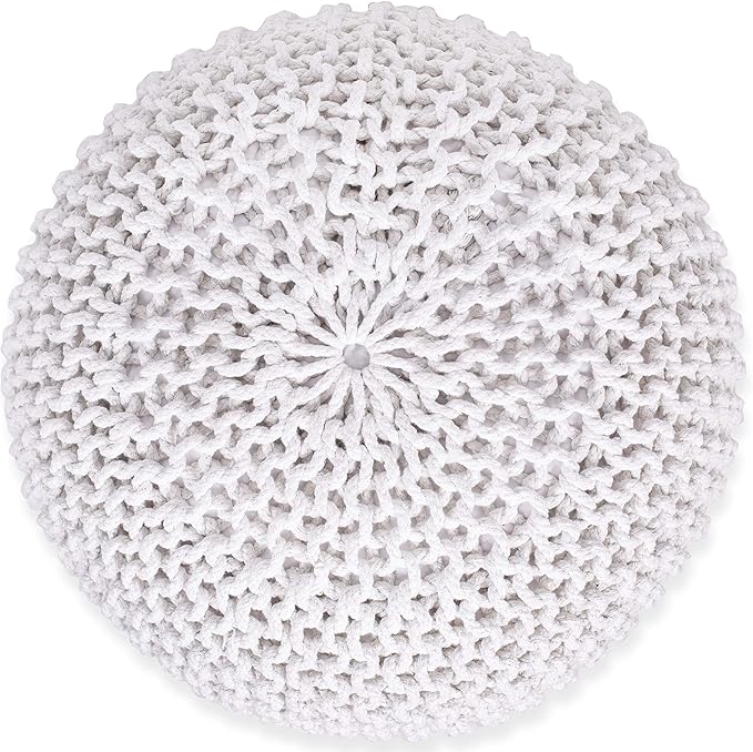 BIRDROCK HOME Round Pouf Ottoman | Cotton Braided Foot Stool with Bean Bag Filling | Boho Foot Rest for Living Room & Bedroom | Compact & Comfortable Seating, Lightweight & Soft | Ivory BIRDROCKHOME