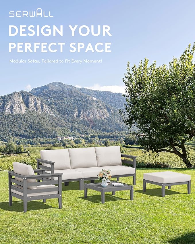 SERWALL HDPE Patio Furniture Set, 2 Pieces Outdoor Sectional Sofa Set, All-Weather Wood-Like Outdoor Sofa Couch with Coffee Table for Deck, Lawn, Grey Frame with Khaki Cushion SERWALL
