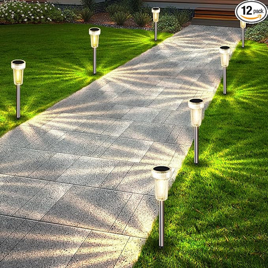 DERAYSION 12 Pack Solar Pathway Lights Outdoor, Auto Dusk-to-Dawn Landscape Garden Lighting, Waterproof Stainless Steel Pole Lighting for Path, Yard, Walkway, Garden, Driveway DERAYSIONSolarLighting