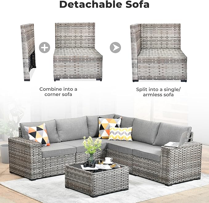 ovios 6 Pieces Patio Furniture Set, Outdoor Wicker Sectional Sofa with Glass Table Comfy Cushions, Modern Modular Deep Seat Couch Rattan Conversation Set, Dark Grey OVIOS