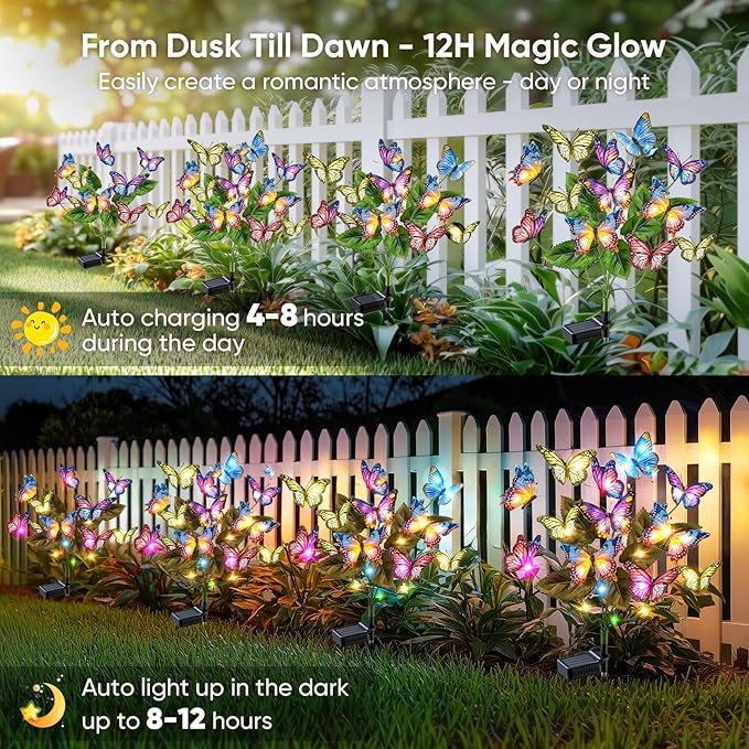 Solar Lights Outdoor Garden Decor: 2 Pack 34 Silk Butterflies with 44 Color-Changing LEDs - Auto On/Off 12H Magical Lighting IP65 Waterproof for Yard Patio Pathway - Unique Gifts for Mom Grandma NFEVER