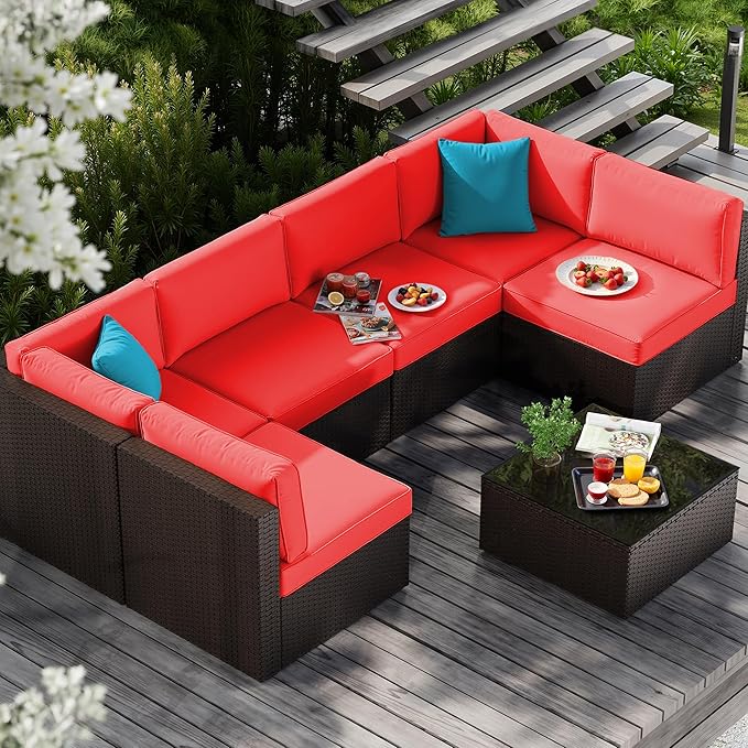Vongrasig 7 Pieces Patio Furniture Sets, Outdoor All-Weather Wicker Patio Conversation Sets, L-Shaped Rattan Sectional Patio Sofa with Glass Table for Backyard, Red Vongrasig