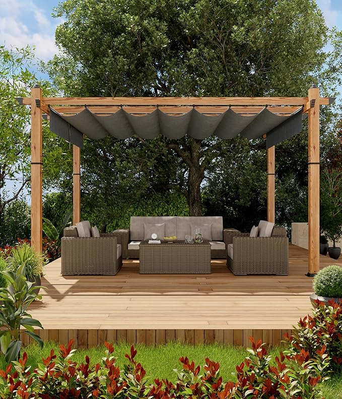 GarveeLife 10 x 13 ft Wood-Grain Aluminum Pergola with Retractable Waterproof Canopy UV Protection Rust-Resistant Sturdy 4-Side Base for Patio Garden Backyard Deck (Gray) GarveeLife
