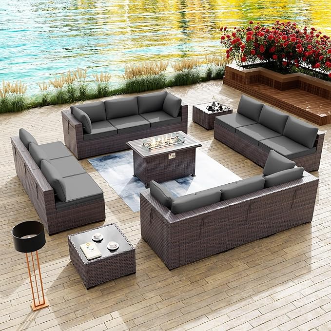 Kullavik 15 Pieces Outdoor Patio Furniture Set with 43" 55000BTU Gas Propane Fire Pit Table PE Wicker Rattan Sectional Sofa Patio Conversation Sets,Grey KULLAVIK