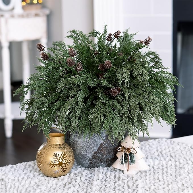 Faux Cedar Stems Artificial Norfolk Pine Branches for Christmas Decor, 12 PCS Fake Pine Stems with 2 PCS Pine Cones Branches Real Touch Realistic Faux Greenery for Vases DIY Garland Xmas Table Indoor Ivydale