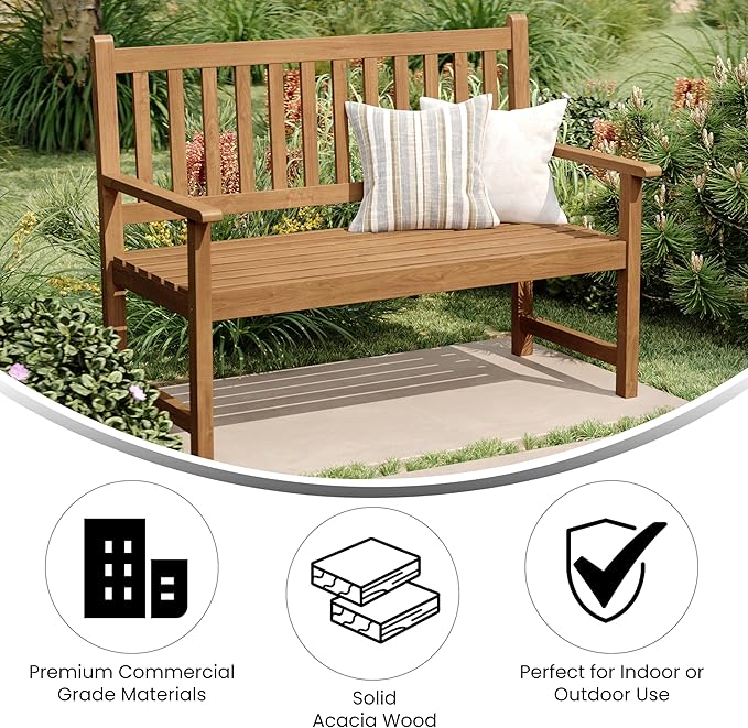 Flash Furniture Adele Commercial Indoor/Outdoor Acacia Wood Bench, 2-Person Slatted Patio Loveseat, for Use in Yard, Garden, Porch, or Park, Brown FlashFurniture