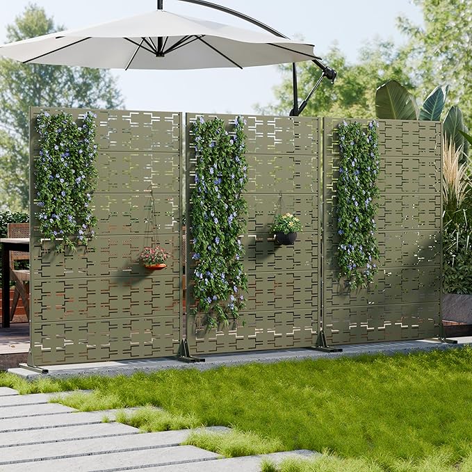 Casaphoria Metal Privacy Screen Outdoor, 72" H x 47" W Freestanding Decorative Privacy Screen for Patio Deck Balcony Garden with Stable Base, Grey-Brick Casaphoria