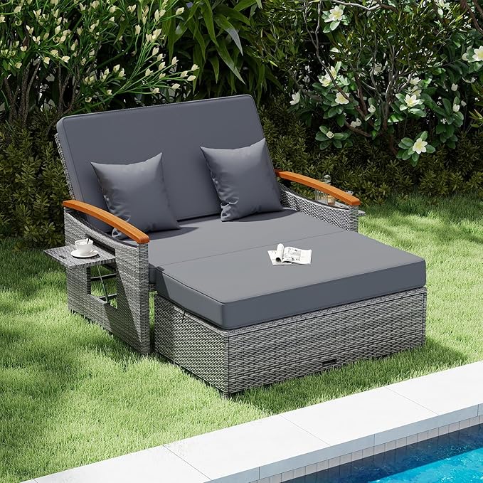Tangkula Patio Rattan Daybed with 4-Level Adjustable Backrest, Outdoor Wicker Loveseat with Acacia Wood Armrest, Storage Ottoman & Folding Tray, Double Sunbed for Balcony, Backyard & Poolside (Grey) TANGKULA