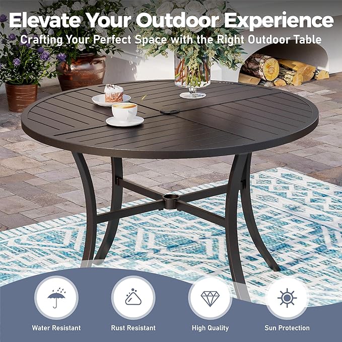 5 Piece Patio Dining Set for 4, 42" x 42" Round Metal Table with Umbrella Hole and 4 Red Chairs, Outdoor Table and Chairs Set for Lawn Backyard and Deck SUNSHINEVALLEY