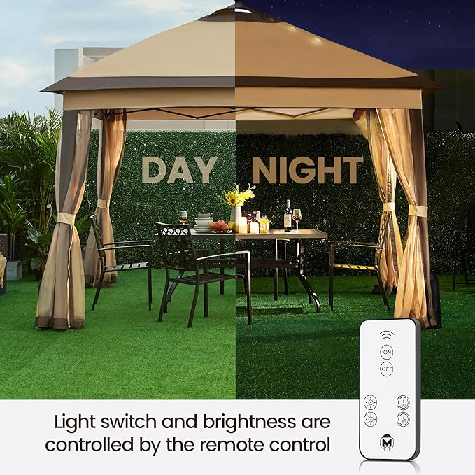 Yaheetech 11'x11' Pop Up Gazebo Instant Tent with 17 Solar LED Lights & Zippered Mesh Netting, Outdoor Shelter Sun Shade Gazebo with Sandbags for Backyard Garden Patio, Khaki & Brown Yaheetech