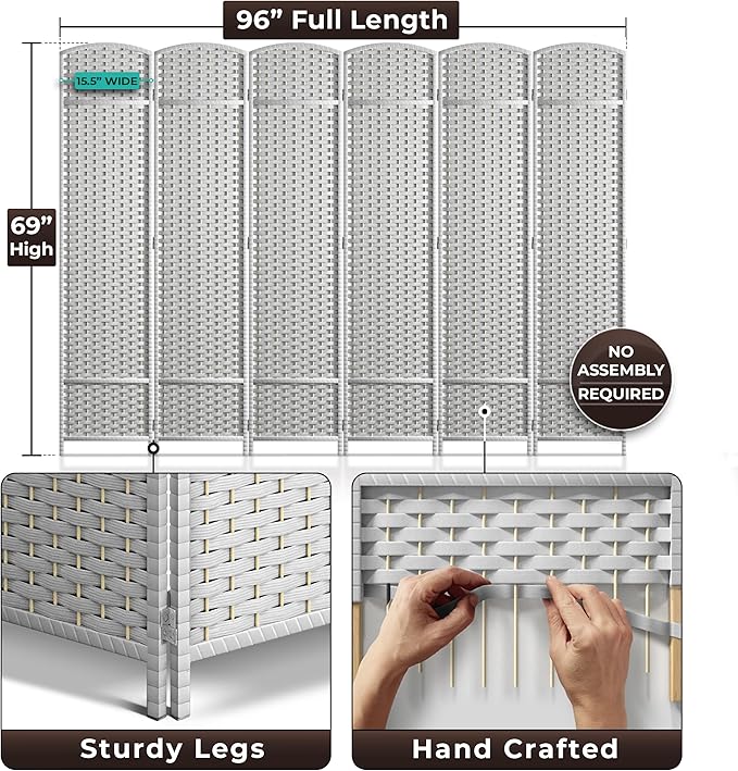 Sorbus 6 Panel Room Divider 6 ft. Tall - Privacy Screen, Extra Wide Double Hinged Panels, Mesh Hand-Woven Design, Partition Room Dividers and Folding Privacy Screens, Wall Divider for Room Separation Sorbus