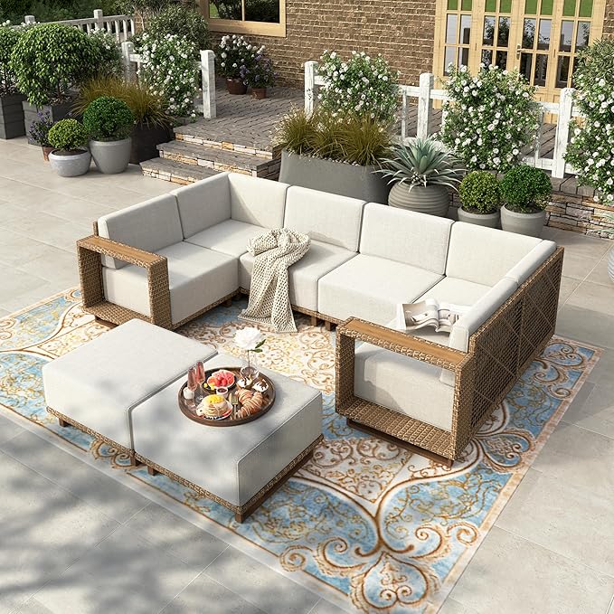HERA'S HOUSE 8 Pieces Patio Furniture Set, 6 Sectional Outdoor Rattan Wicker Sofas with 2 Ottomans, All Weather Patio Conversation Set with 5.3" Widened Armrest, 10" Premium Ultra Thick Comfy Cushion HERASHOUSE