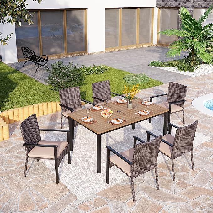 PHI VILLA 64" Rectangle Outdoor Dining Table, Patio Furniture Wood-Like Tabletop with Umbrella Hole for Patio Lawn Backyard Garden, Brown PHIVILLAThepioneerofcomfortablehouseholdsupplies