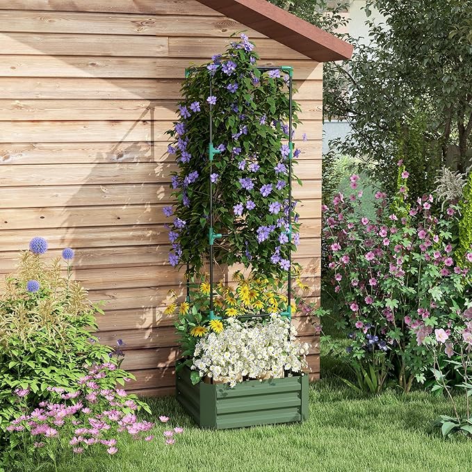 Outsunny Galvanized Raised Garden Bed, 73.5" Tall Outdoor Planter Box with Trellis Tomato Cage and Open Bottom for Climbing Vines, Vegetables, Flowers in Backyard, Garden, Patio, Green Outsunny
