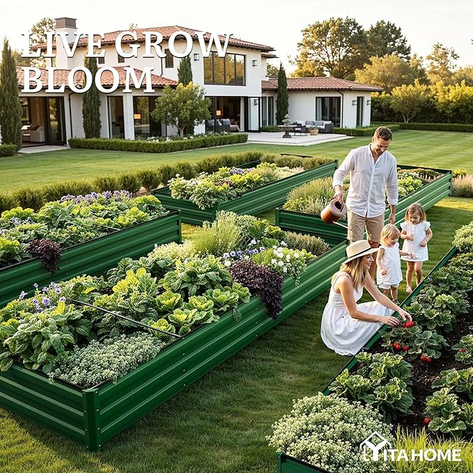 YITAHOME 4pcs 12x4x1 ft Galvanized Raised Garden Bed Kit, Large Metal Planter Box with Gloves, Safety Rubber & Support Rod, Outdoor Flower Bed for Plants Vegetables, Green YITAHOME