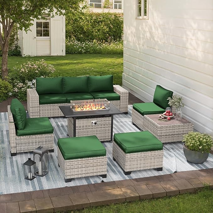 9-Piece Outdoor Patio Furniture Set with 55,000 BTU Fire Pit Table, PE Wicker Rattan Sectional Sofa Patio Conversation Set with Ottomans & Coffee Table, Green MuphyersPatioFurniture
