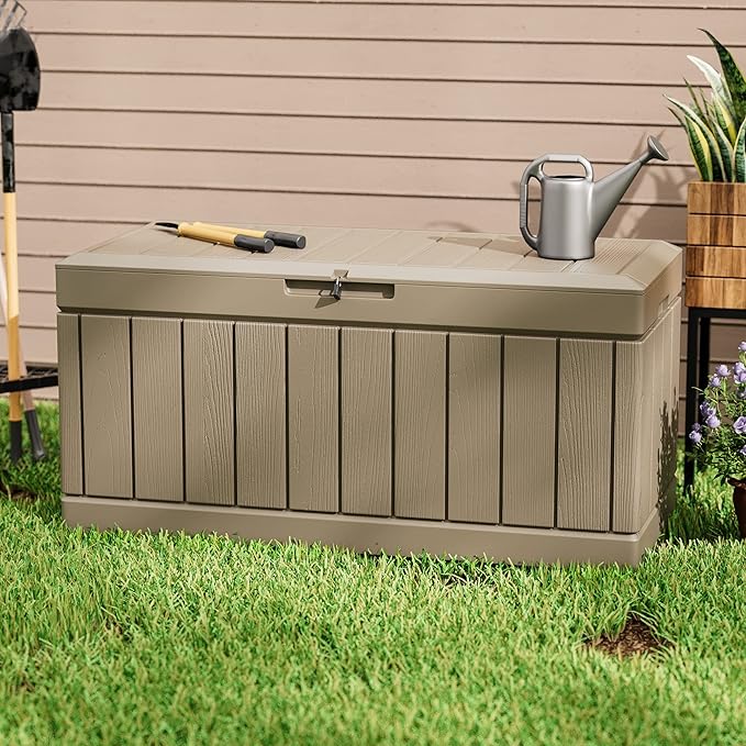 Greesum 82 Gallon Resin Deck Box All Weather Large Outdoor Storage for Patio Furniture, Toys, Garden Tools, Lockable, Light Coffee BuynowfromGreesum