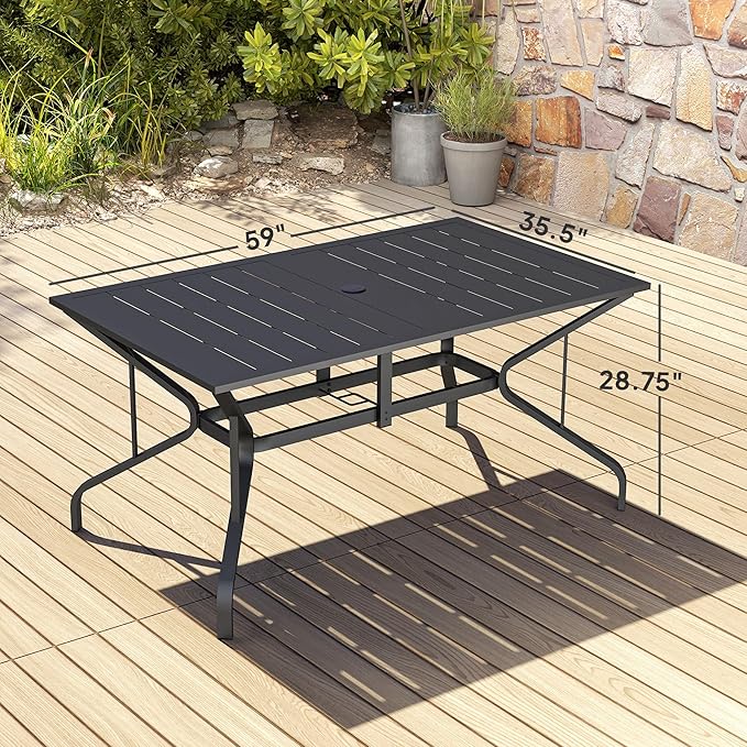 Outsunny Rectangle Outdoor Dining Table for 6 People, Steel Rectangular Patio Table with Umbrella Hole, Steel Frame for Garden, Balcony, Black Outsunny