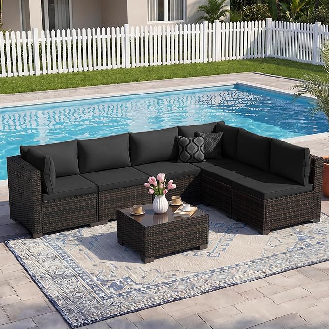 LEVELEVE 7 Pieces Outdoor Patio Furniture Sets,Rattan Conversation Sectional Set,Manual Weaving Wicker Patio Sofa with Tea Table(Black 7pcs) Enjoyyourlife