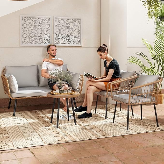 DWVO Patio Furniture Set 4 Pieces Boho Wicker Bistro Set, All Weather Outdoor Rattan Conversation Set with Loveseat Chairs Table Soft Cushions for Backyard, Pool, Garden - Grey DWVO