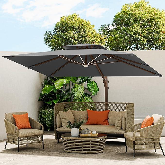10 X 13 FT Cantilever Outdoor Patio Umbrella with Led Lights Large Heavy Duty 360° Rotation Double Top Offset Rectangular Umbrellas for Backyard Garden Pool Outside Deck, Grey MEVBC