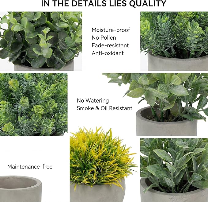 Fake Plants, 5 Pack Artificial Eucalyptus & Greenery in Cement Pots - Small Potted Faux Plants for Indoor Outdoor Shelves, Desk, Table, Farmhouse Bathroom, Office & Modern Home Decor Rootora