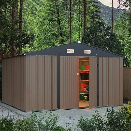Greesum 10×8 FT Outdoor Storage Shed, Metal Storaged Sheds Without Floor, Tool Sheds with Lockable Doors and Slooping Roof for Garden, Patio, Backyard, Brown BuynowfromGreesum