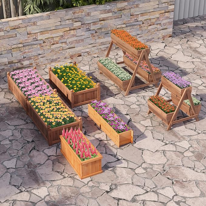 Giantex Vertical Raised Garden Bed, 3 Large Wood Planter Boxes for Flower Vegetable Fruit Herb, Freestanding Planter with Drain Holes, Elevated Raised Beds for Indoor Outdoor Lawn Patio Yard, Brown Giantex