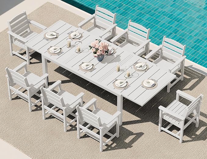 SERWALL 9-Piece Outdoor Dining Set, 60" - 83" Expandable Outdoor Dining Table and 8 HDPE Chairs, All Weather HDPE Outdoor Furniture Set for Backyard, Garden, White SERWALL