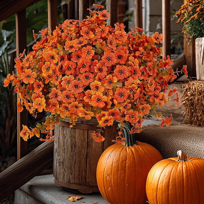 Artificial Fall Flowers Outdoor Fake Mums - 16 Bundles Fake Plants UV Resistant No Fade Faux Plastic Greenery Garden Porch Patio Fall Home Decor (Orangegreen) AXYLEX