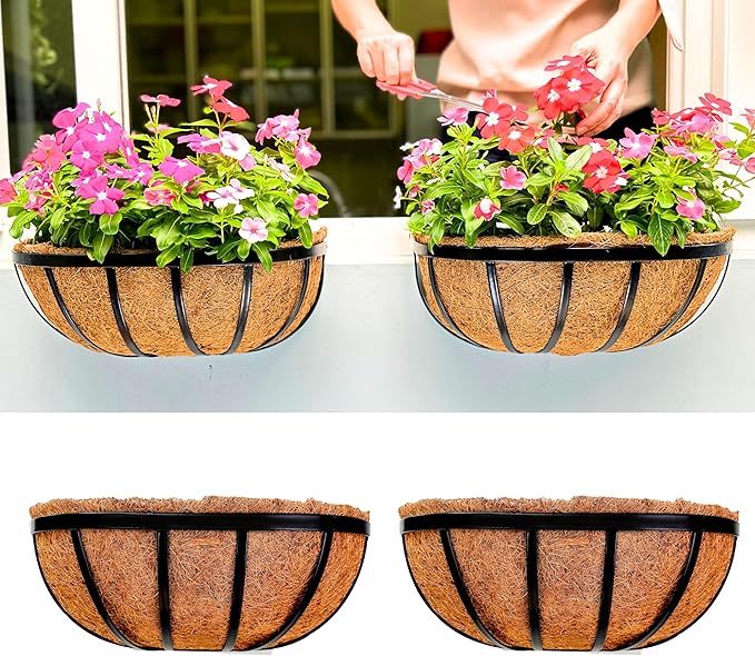 LaLaGreen Wall Planters - 16 Inch, 2 Pack Deck Railing Planter Boxes for Outdoor Plants, Window Flower Box with Coco Liners Metal Horse Troughs Fence Balcony Garden Herb Pot Patio Porch Over Rail L%C3%A1L%C3%A1Green