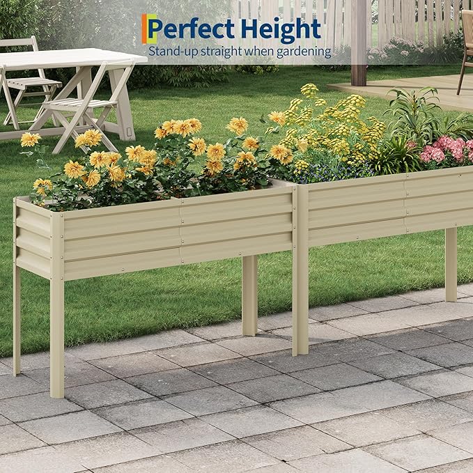 Galvanized Raised Garden Bed with Legs&Water Storage - 50×32×17 in Metal Planter Box, Outdoor Raised Garden Beds Gardening, Durable Planter Raised Beds, Sturdy Planters for Outdoor Plants (Beige) GarveeLife