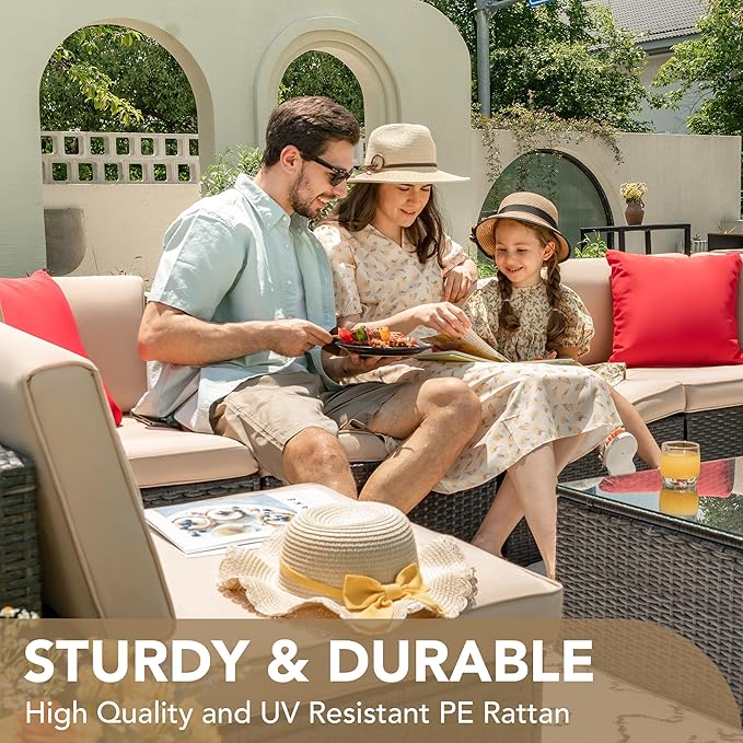 Devoko Patio Furniture Sets 6 Pieces Outdoor Sectional Rattan Sofa Manual Weaving Wicker Patio Conversation Set with Glass Table and Cushion (Beige) DEVOKO