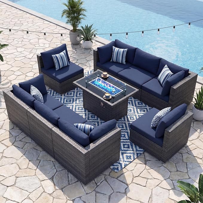 NICESOUL 9 Piece Large Outdoor Patio Furniture Set with Fire Pit Table Gas/Propane, 29.3'' High Back Rattan Modular Sectional Sofa, Extra Wide Conversations for Backyard, 2 Color Cushion Navy & Gray NICESOUL