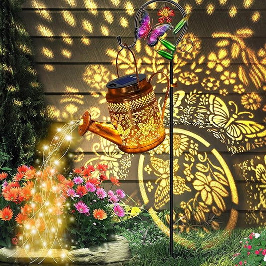 Solar Powered Butterfly Watering Can Lights Waterproof Outdoor Garden Decor with Shepherd Hook Hanging Patio Lights for Yard, Porch, Backyard Perfect Gardening & Christmas Gift for Women, Mom, Grandma YJFWAL