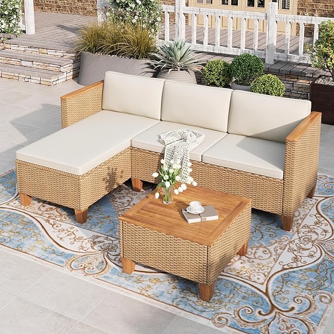 HERA'S HOUSE Small Patio Furniture Set, 3 Pieces Wicker Outdoor Sectional Sets,Yellow Rattan Conversation Set with Sofa and Coffee Table for Garden and Backyard, l Shape Boho Balcony Couch Sets HERASHOUSE