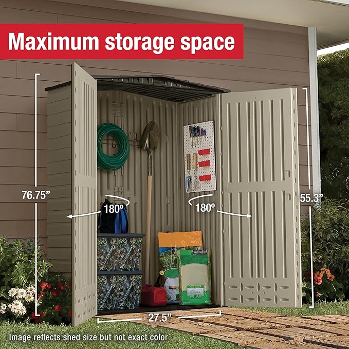Rubbermaid Small Vertical Resin Outdoor Storage Shed With Floor (2.3 x 4.6 Ft), Weather Resistant, Beige/Brown, Organization for Home/Backyard/Pool Chemicals/Toys/Garden Tools/Porch/Patio Cushions Rubbermaid