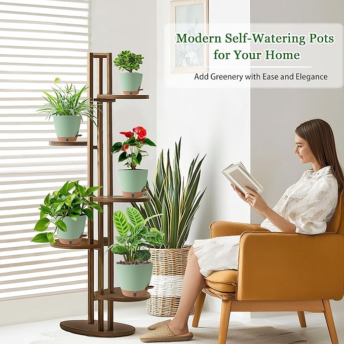 Self Watering Pots for Inoor Ourdoor Plants 8/7/6.5/6/5 Inch Plastic Planters with Drainage Holes & Water Level Indicator, Decorative House Flower Nursery Planting Pots with Saucers(Green) Fielda