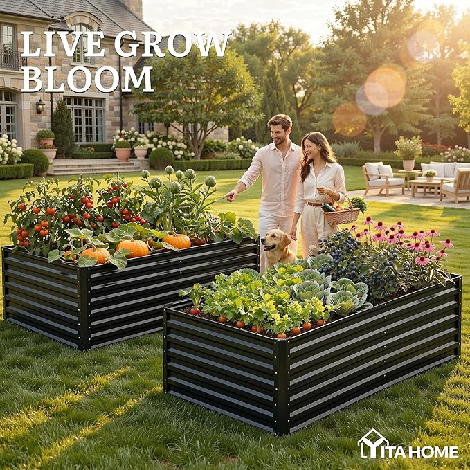 YITAHOME 6x3x2ft Large Raised Garden Bed Kit, Galvanized Metal Planter Box with Gloves, Ground Nails, Support Rod, Outdoor Above Ground Planters for Plants Vegetables Flowers, Black YITAHOME